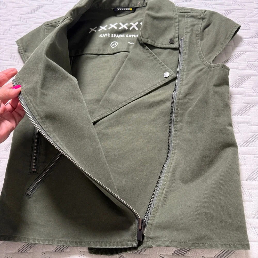 KATE SPADE Saturday Moto Vest Women XS Olive Green Cotton Asymmetrical Zip Biker